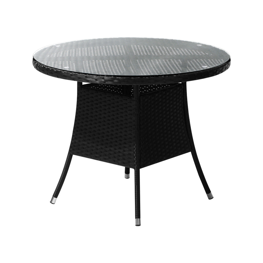 Livsip Outdoor Dining Table 90CM Glass Tabletop Black Rattan