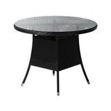Livsip Outdoor Dining Table 90CM Glass Tabletop Black Rattan - Close-Up Angle