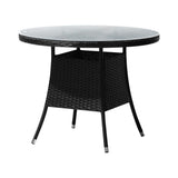 Livsip Outdoor Dining Table 90CM Glass Tabletop Black Rattan