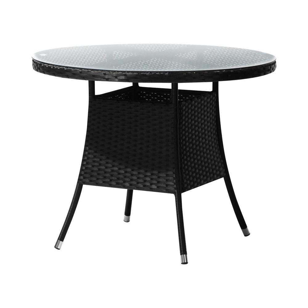 Livsip Outdoor Dining Table 90CM Glass Tabletop Black Rattan