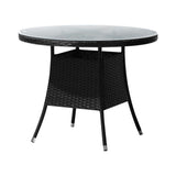 Livsip Outdoor Dining Table 90CM Glass Tabletop Black Rattan - 45-Degree Angle
