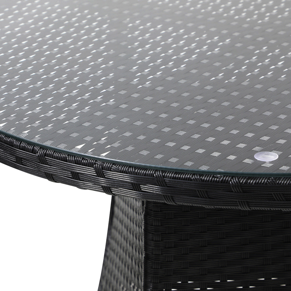 Livsip Outdoor Dining Table 90CM Glass Tabletop Black Rattan