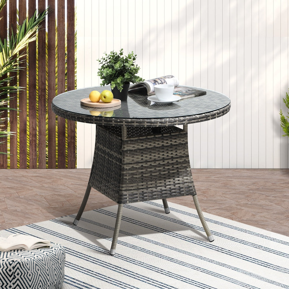 Livsip 90CM Outdoor Dining Table Glass Tabletop Grey Rattan
