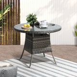Livsip 90CM Outdoor Dining Table Glass Tabletop Grey Rattan - Front View