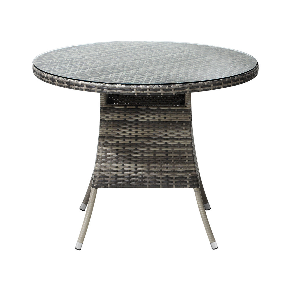 Livsip 90CM Outdoor Dining Table Glass Tabletop Grey Rattan