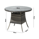 Livsip 90CM Outdoor Dining Table Glass Tabletop Grey Rattan