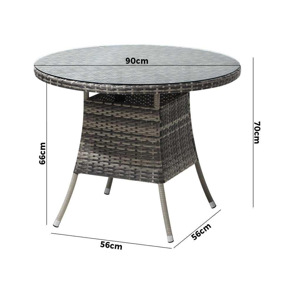 Livsip 90CM Outdoor Dining Table Glass Tabletop Grey Rattan