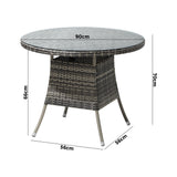 Livsip 90CM Outdoor Dining Table Glass Tabletop Grey Rattan - Rear View