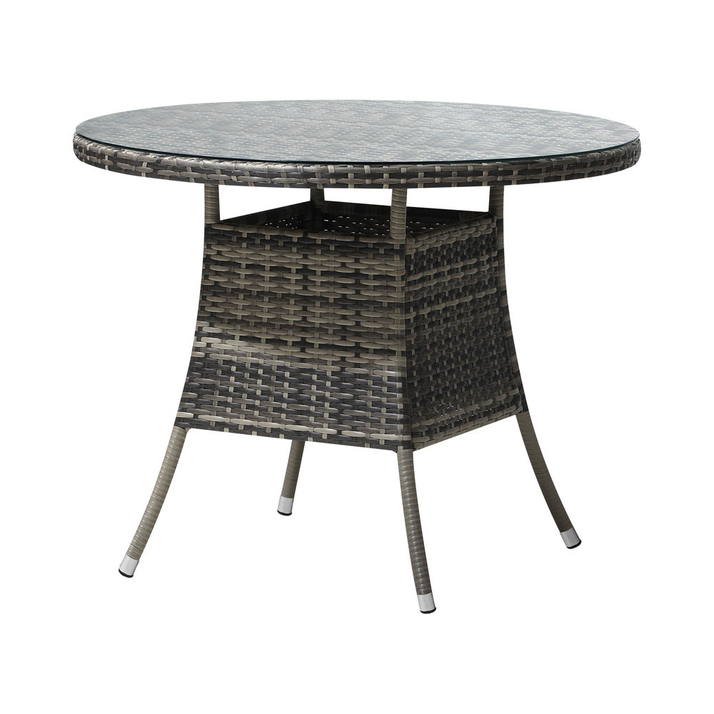 Livsip 90CM Outdoor Dining Table Glass Tabletop Grey Rattan