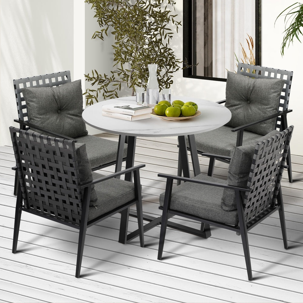Livsip Outdoor Dining Set 4 Seater Marble Table Rattan Armchair