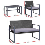 Gardeon 4 PCS Outdoor Sofa Set Rattan Furniture Glass Top Table Chairs Black - Front View