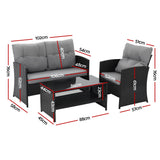 Gardeon 4-Piece Outdoor Sofa Set Coffee Table Chair Rattan Furniture Black - Front View