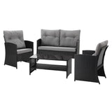 Gardeon 4-Piece Outdoor Sofa Set Coffee Table Chair Rattan Furniture Black - Low Angle