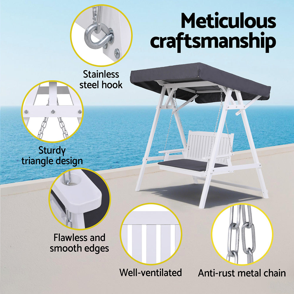 Gardeon Outdoor Wooden Swing Chair Garden Bench Canopy Cushion 3 Seater White