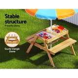 Keezi Kids Picnic Table and Chair Set with Adjustable Umbrella and Storage Boxes for Outdoor Fun - 45-Degree Angle