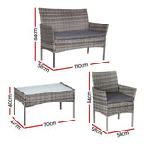 Gardeon 4 Seater Outdoor Sofa Set Wicker Setting Table Chair Furniture Grey - Front View