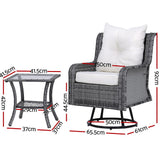Gardeon 3PC Outdoor Furniture Bistro Set Lounge Wicker Swivel Chairs Table Cushion Grey - Side View