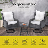 Gardeon 3PC Outdoor Furniture Bistro Set Lounge Wicker Swivel Chairs Table Cushion Grey - Top-Down View