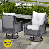 Gardeon 3PC Outdoor Furniture Bistro Set Lounge Wicker Swivel Chairs Table Cushion Grey - 45-Degree Angle