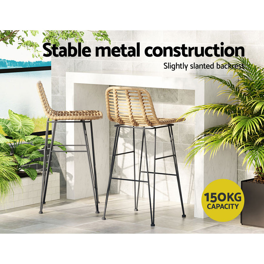 Gardeon set of 2 outdoor wicker bar stools, steel frame, nature, image 6
