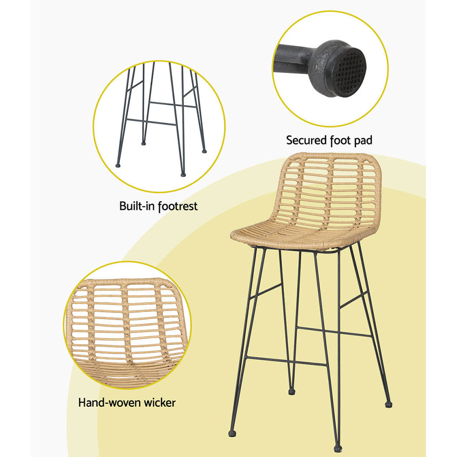 Gardeon set of 2 outdoor wicker bar stools, steel frame, nature, image 7