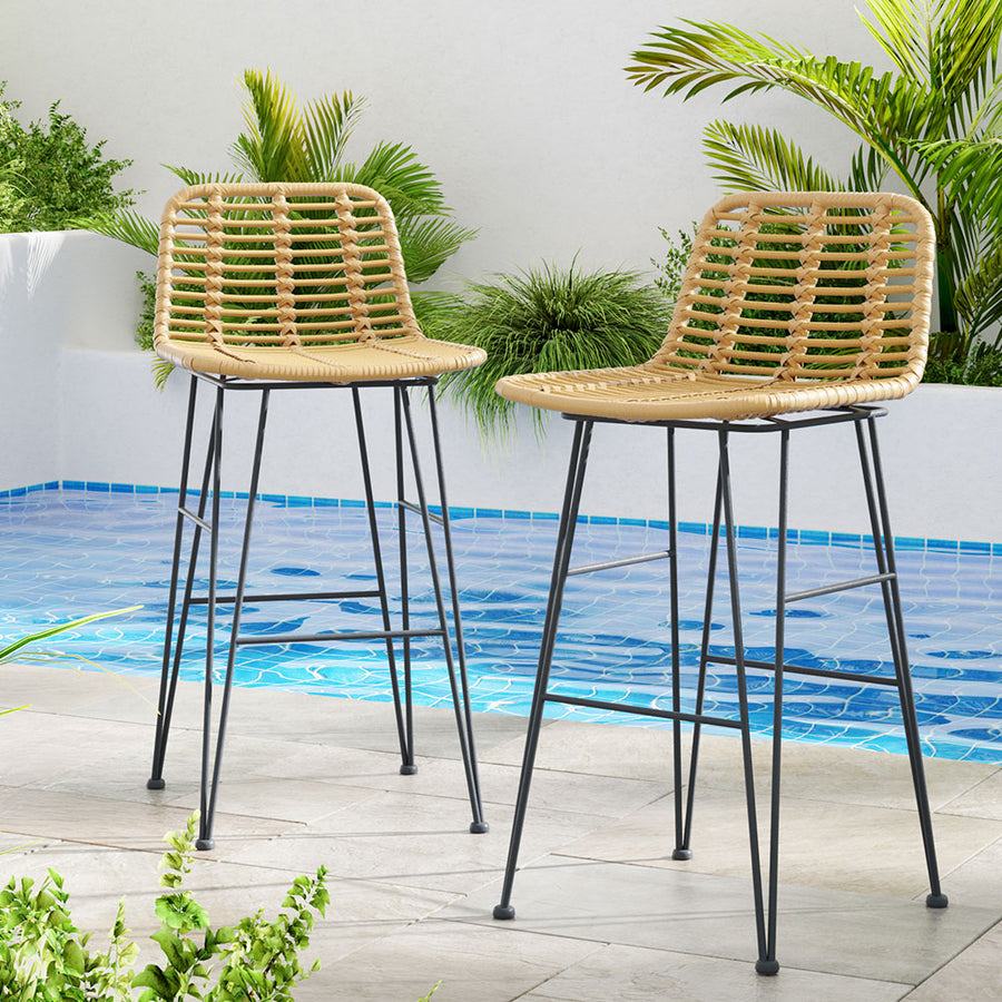 Gardeon set of 2 outdoor wicker bar stools, steel frame, nature, image 8