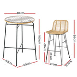 Gardeon 3-Piece Outdoor Bar Set Wicker Table Chairs Patio Bistro - Front View