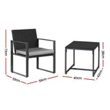 Gardeon 3PC Outdoor Bistro Set Patio Furniture Wicker Dining Chairs Table Cushion Black - Front View