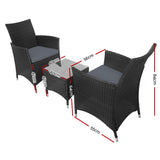 Gardeon 3PC Outdoor Bistro Set Patio Furniture Wicker Setting Chairs Table Cushion Black - Front View