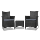 Gardeon 3PC Outdoor Bistro Set Patio Furniture Wicker Setting Chairs Table Cushion Black - Low Angle