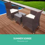 Gardeon 3PC Outdoor Bistro Set Patio Furniture Wicker Setting Chairs Table Cushion Brown - Top-Down View
