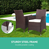 Gardeon 3PC Outdoor Bistro Set Patio Furniture Wicker Setting Chairs Table Cushion Brown - 45-Degree Angle