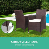 Gardeon 3PC Outdoor Bistro Set Patio Furniture Wicker Setting Chairs Table Cushion Brown - 45-Degree Angle