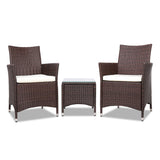 Gardeon 3PC Outdoor Bistro Set Patio Furniture Wicker Setting Chairs Table Cushion Brown - Low Angle