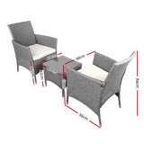 Gardeon 3PC Outdoor Bistro Set Patio Furniture Wicker Setting Chairs Table Cushion Grey - Front View