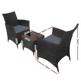 Gardeon 3PC Outdoor Bistro Set Patio Furniture Wicker Chairs Table Cushion All Black - Front View