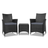 Gardeon 3PC Outdoor Bistro Set Patio Furniture Wicker Chairs Table Cushion All Black