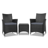 Gardeon 3PC Outdoor Bistro Set Patio Furniture Wicker Chairs Table Cushion All Black - Low Angle