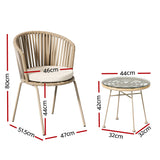 Gardeon 3PC Outdoor Bistro Set Patio Furniture Rope Setting Chairs Table Beige - Front View