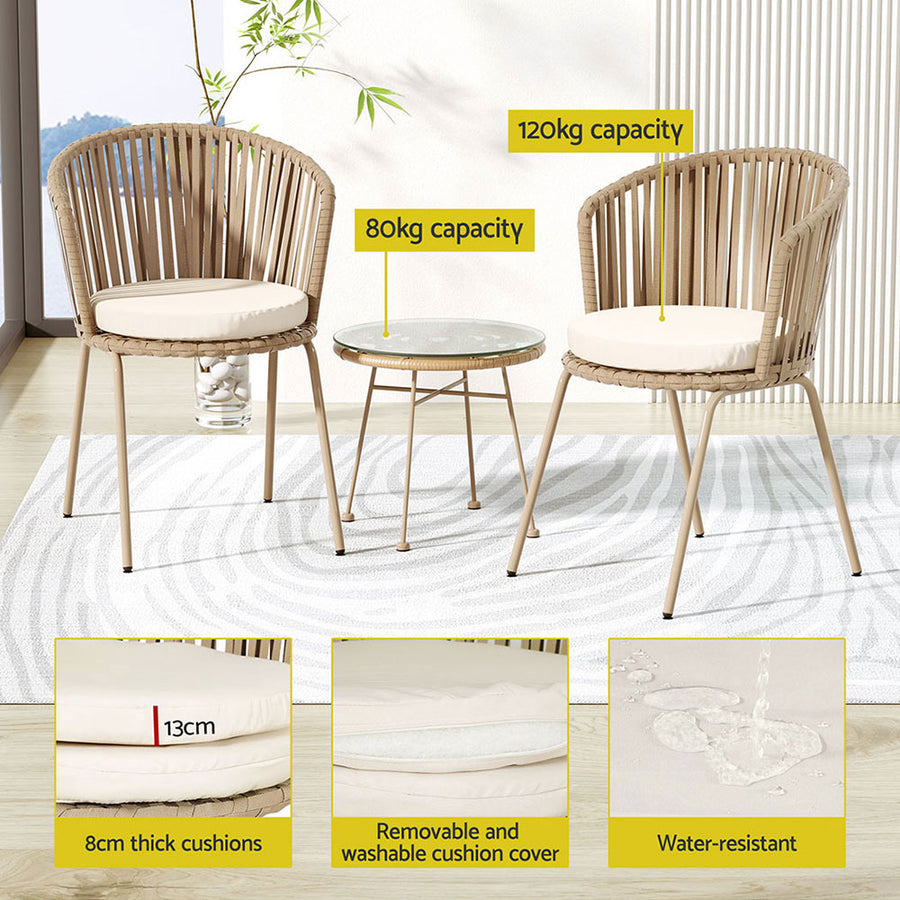 Gardeon 3PC Outdoor Bistro Set Patio Furniture Rope Setting Chairs Table Beige, image 5