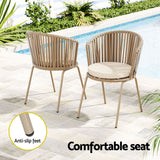 Gardeon 3PC Outdoor Bistro Set Patio Furniture Rope Setting Chairs Table Beige - Rear View