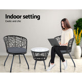 Gardeon 3PC Bistro Set Outdoor Furniture Rattan Table Chairs Patio Garden Cushion Black - Rear View