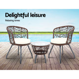 Gardeon 3PC Bistro Set Outdoor Furniture Rattan Table Chairs Patio Garden Cushion Brown - Close-Up Angle
