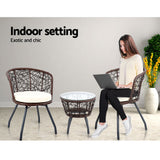 Gardeon 3PC Bistro Set Outdoor Furniture Rattan Table Chairs Patio Garden Cushion Brown - Extra Image