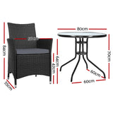 Gardeon 3PC Bistro Set Outdoor Furniture Rattan Table Chairs Cushion Patio Garden Idris - Front View