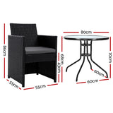 Gardeon 3PC Bistro Set Outdoor Furniture Rattan Table Chairs Cushion Patio Garden Hugo - Front View
