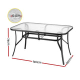 Gardeon 140CM Outdoor Dining Table Steel Frame Tempered Glass Parasol Hole Black - Front View