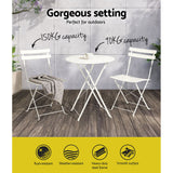 Gardeon 3PC Outdoor Bistro Set Steel Table and Chairs Patio Furniture White - Top-Down View