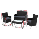 Gardeon 4 Seater Outdoor Sofa Set with Storage Cover Wicker Table Chair Black - Front View