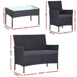 Gardeon 4 Seater Outdoor Sofa Set Wicker Setting Table Chair Furniture Dark Grey - Front View